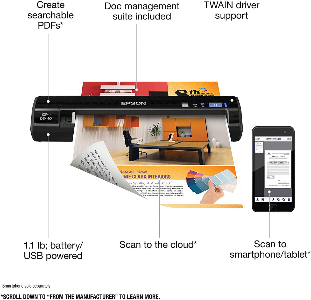 Epson WorkForce DS-40 Wireless Portable Document Scanner for PC and top Mac, Sheet-f