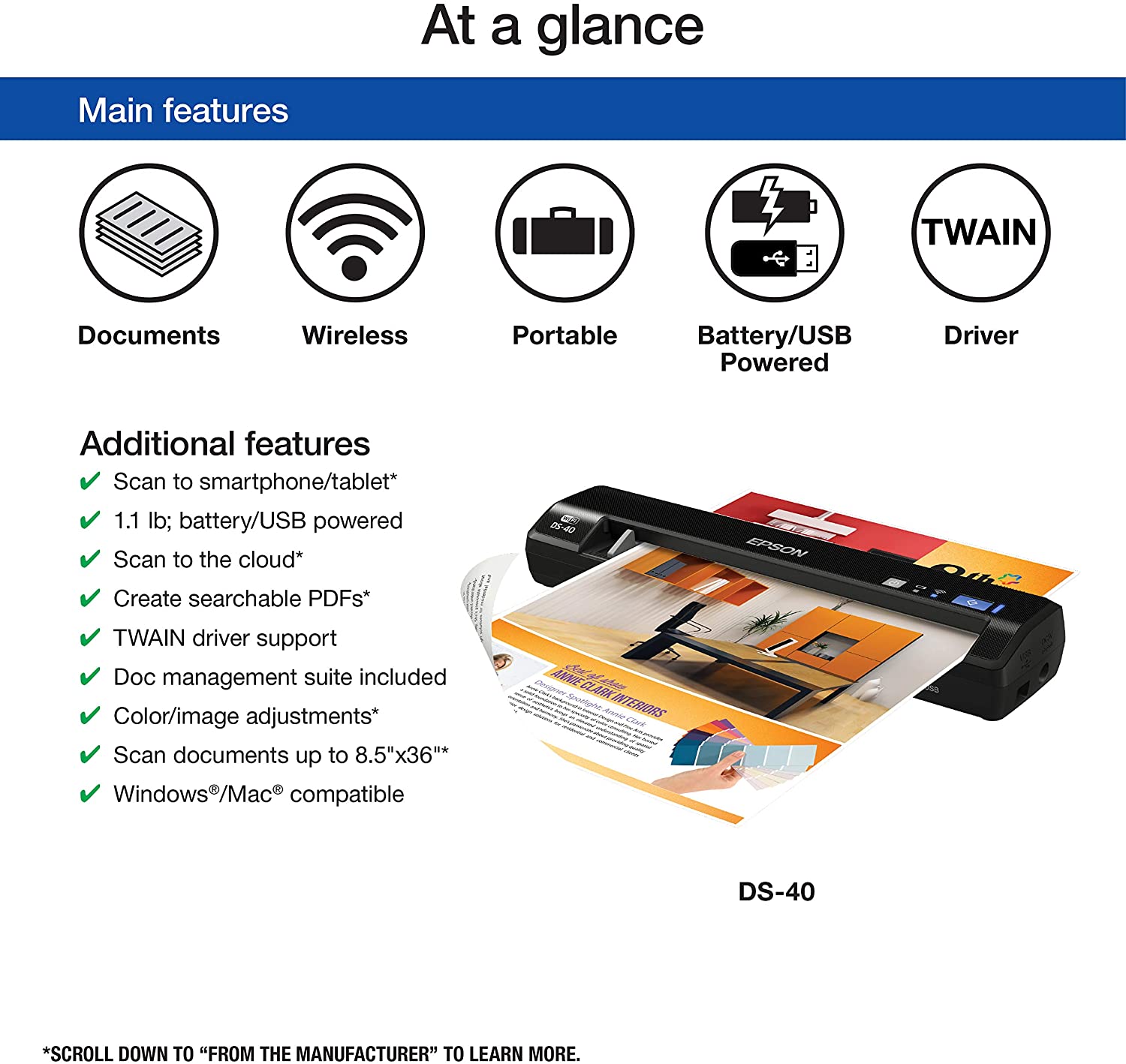 Epson WorkForce DS-40 Wireless Portable Document Scanner for PC and top Mac, Sheet-f